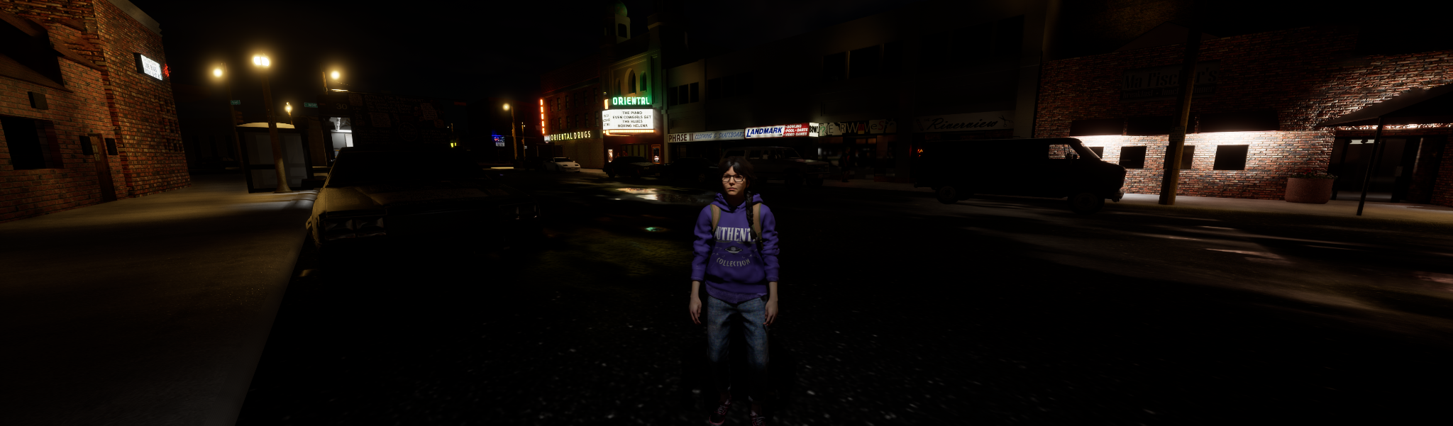 Nighttime in-game view of Milwaukee's East Side with the player standing in the street.